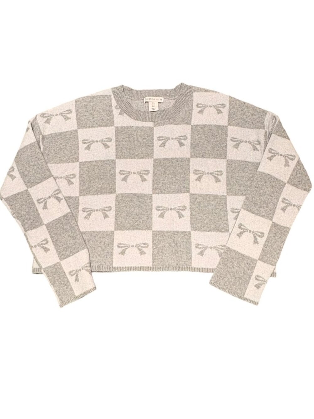 Sincerely Jules Cropped Sweater Checked Pattern Gray White Bows Womens Large